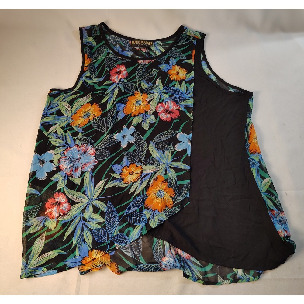 Marc Bouwer Unlimited Tropical Floral Asymmetrical Sleeveless Blouse Black Large